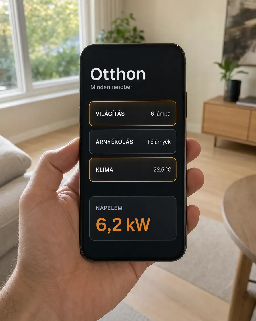 Kézben tartott telefon egy nappaliban. A képernyőn ugyanaz a
                       rendszer: Otthon, minden rendben, világítás hat lámpával,
                       árnyékolás félárnyékban, klíma 22,5 fokon, napelem 6,2 kilowatt.